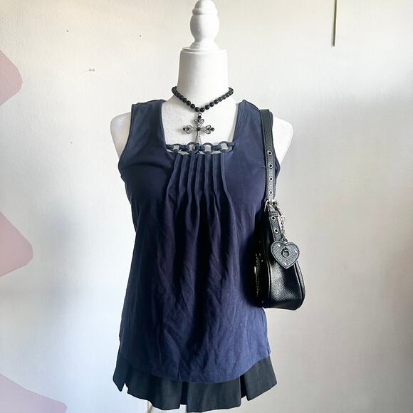 Navy Pleated Tank Top, Modern‎ Minimalist, Preppy, Classy, Office Chic, Medium - Picture 1 of 4